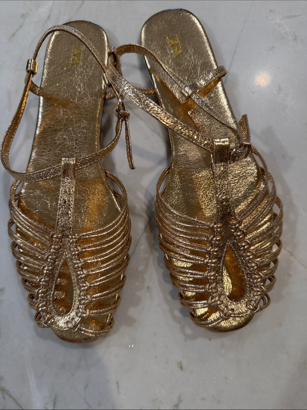 Zara Metallic Gold Braided Strappy Sandals